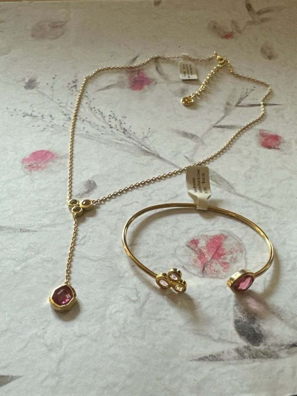 Real Simple Style Talia Necklace and Cuff Bracelet Set in Gold w/ Pink & Clear